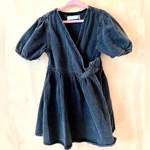 Zara NWT Girls Black Denim Puff Sleeve Wrap Dress Size Little Girl 6